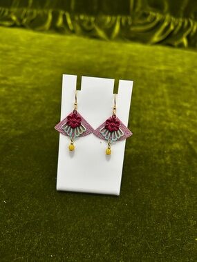Handcrafted Pink Floral Fan Drop Earrings with Yellow Bead Accent